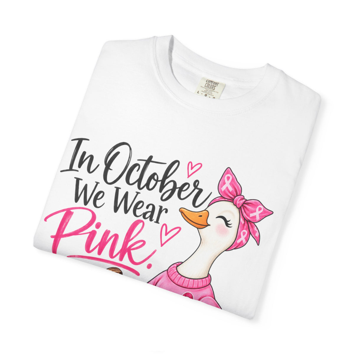 In October We Wear Pink Breast Cancer Awareness T-Shirt — Cute Duck & Pink Pumpkin Tee