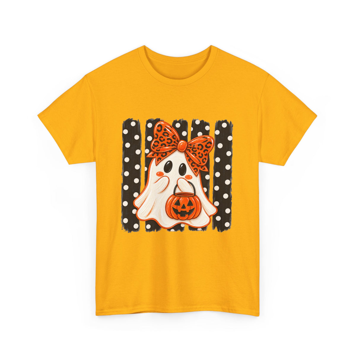 Halloween Ghost Tee — Cute Ghost with Pumpkin & Polka Dot Bow