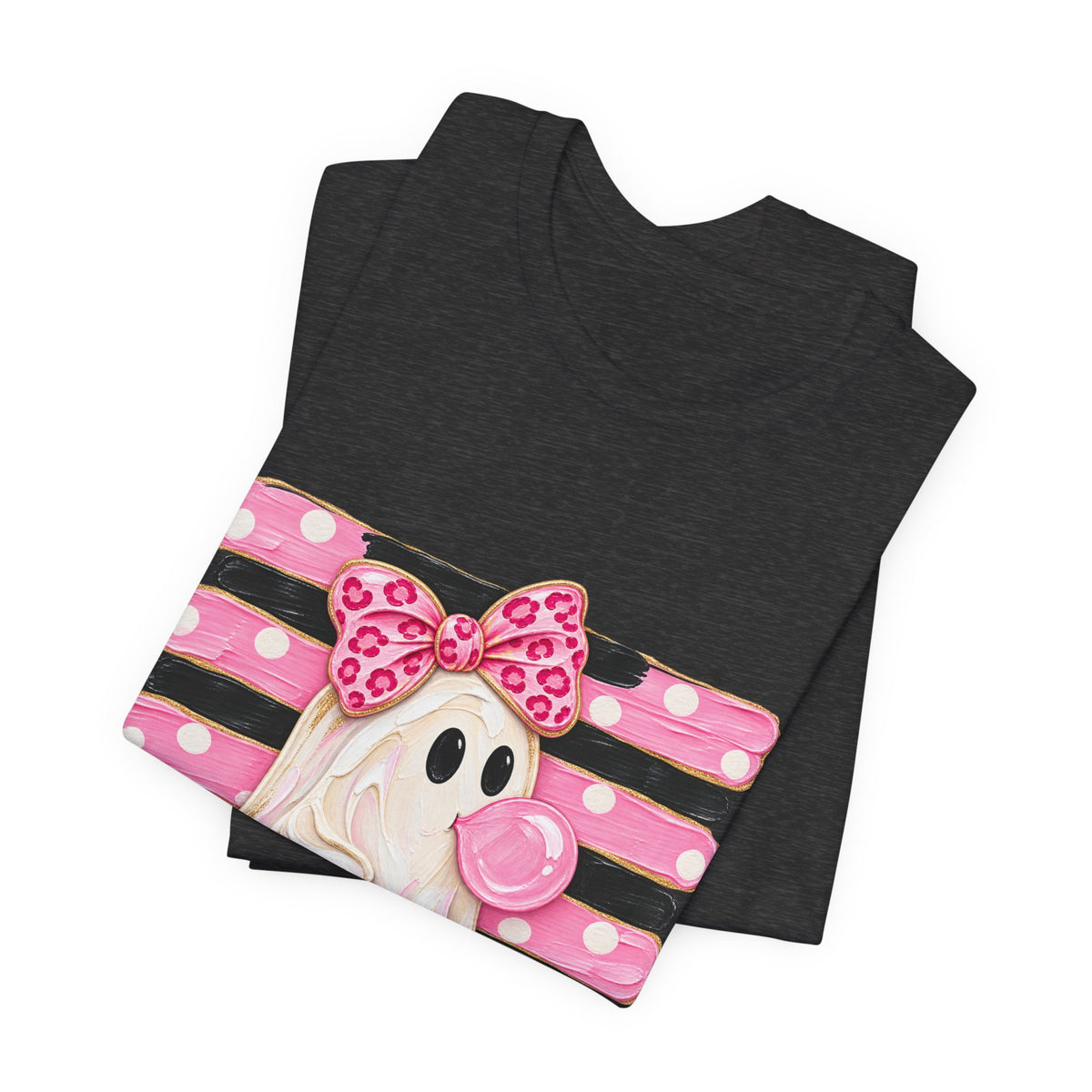 Pink Polka Dot Ghost T‑Shirt — Cute Halloween Ghost with Bow & Jack‑O‑Lantern
