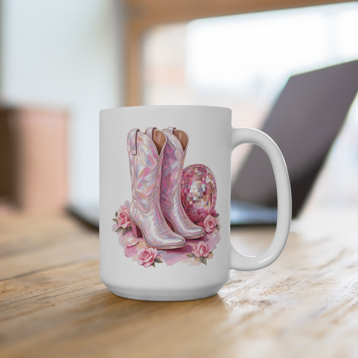 15oz Pink Cowgirl Boots & Disco Ball Mug — Floral Western Coffee Cup
