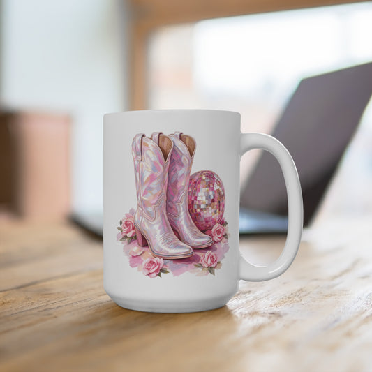 15oz Pink Cowgirl Boots & Disco Ball Mug — Floral Western Coffee Cup