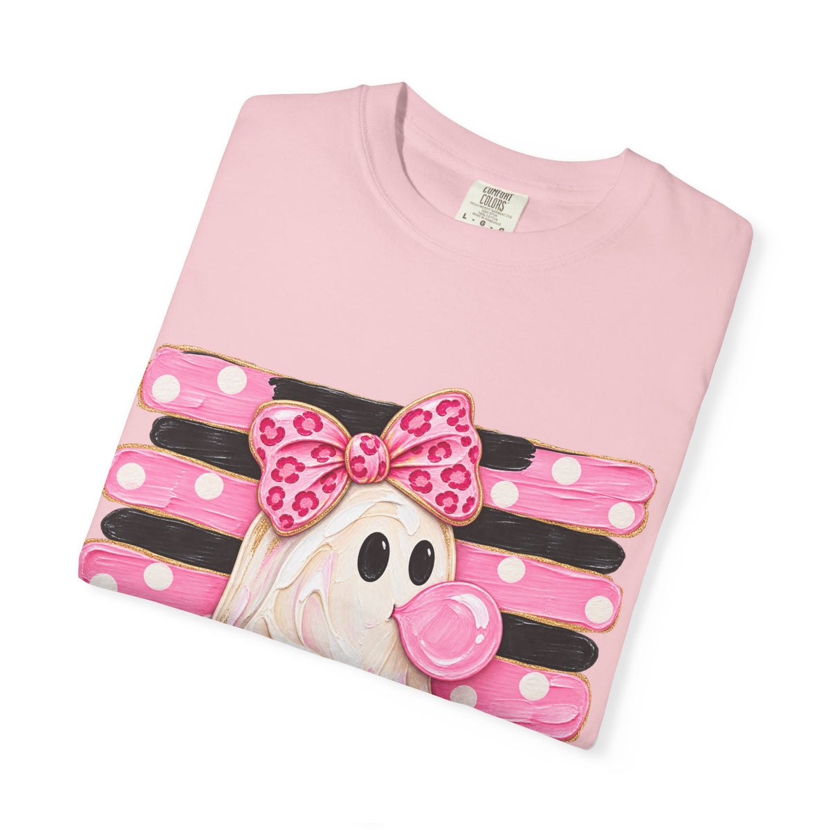 Halloween Pink Ghost T-Shirt — Cute Bubblegum Ghost with Bow & Jack-o'-Lantern