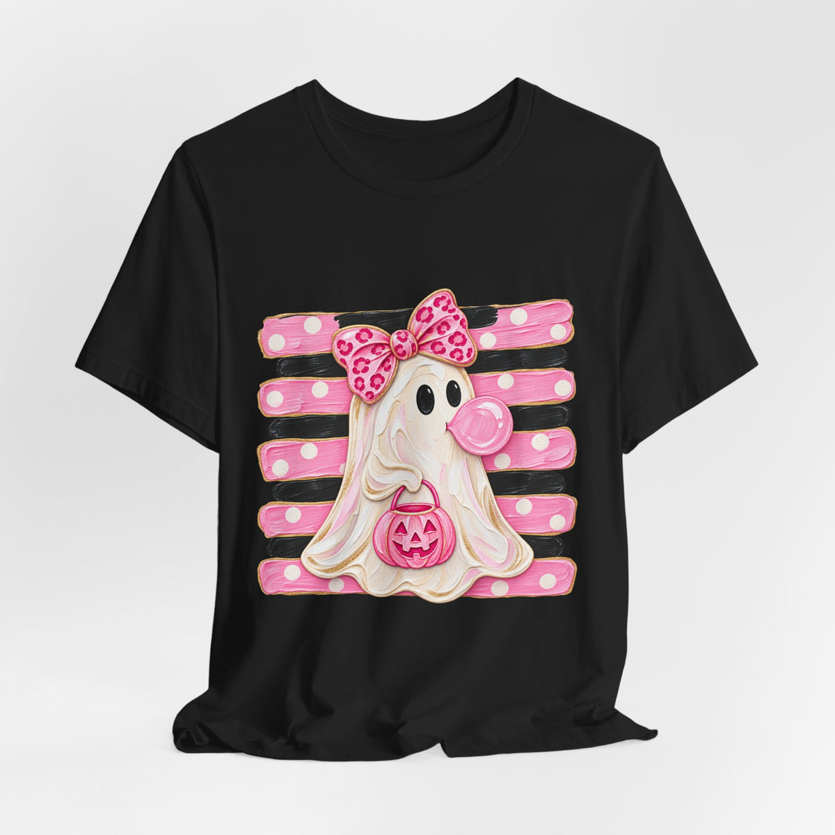 Pink Polka Dot Ghost T‑Shirt — Cute Halloween Ghost with Bow & Jack‑O‑Lantern