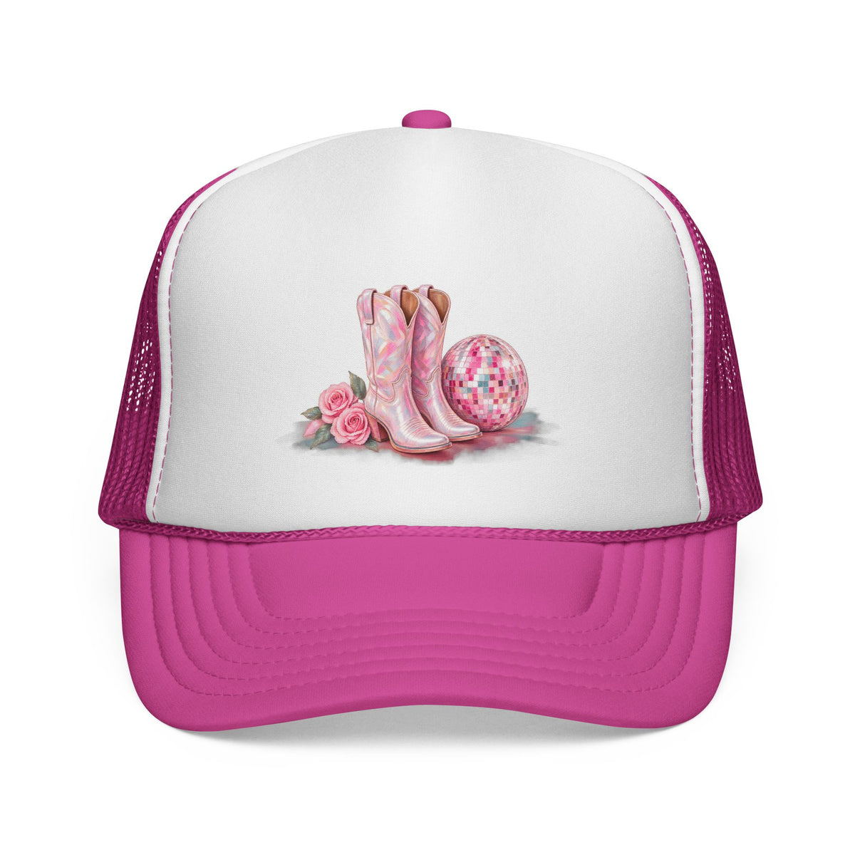 Cowgirl Pink Boots Trucker Cap — Western Rodeo Hat with Floral & Disco Ball Design