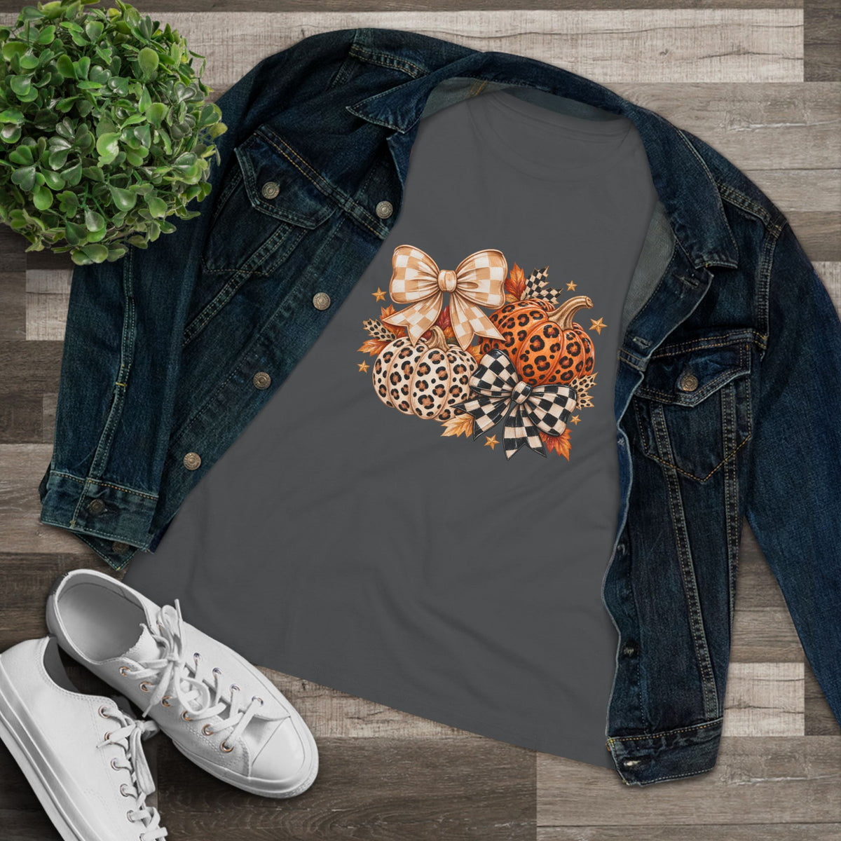 Leopard Pumpkin Trio Women's Tee — Fall Floral Bow Autumn Graphic Shirt