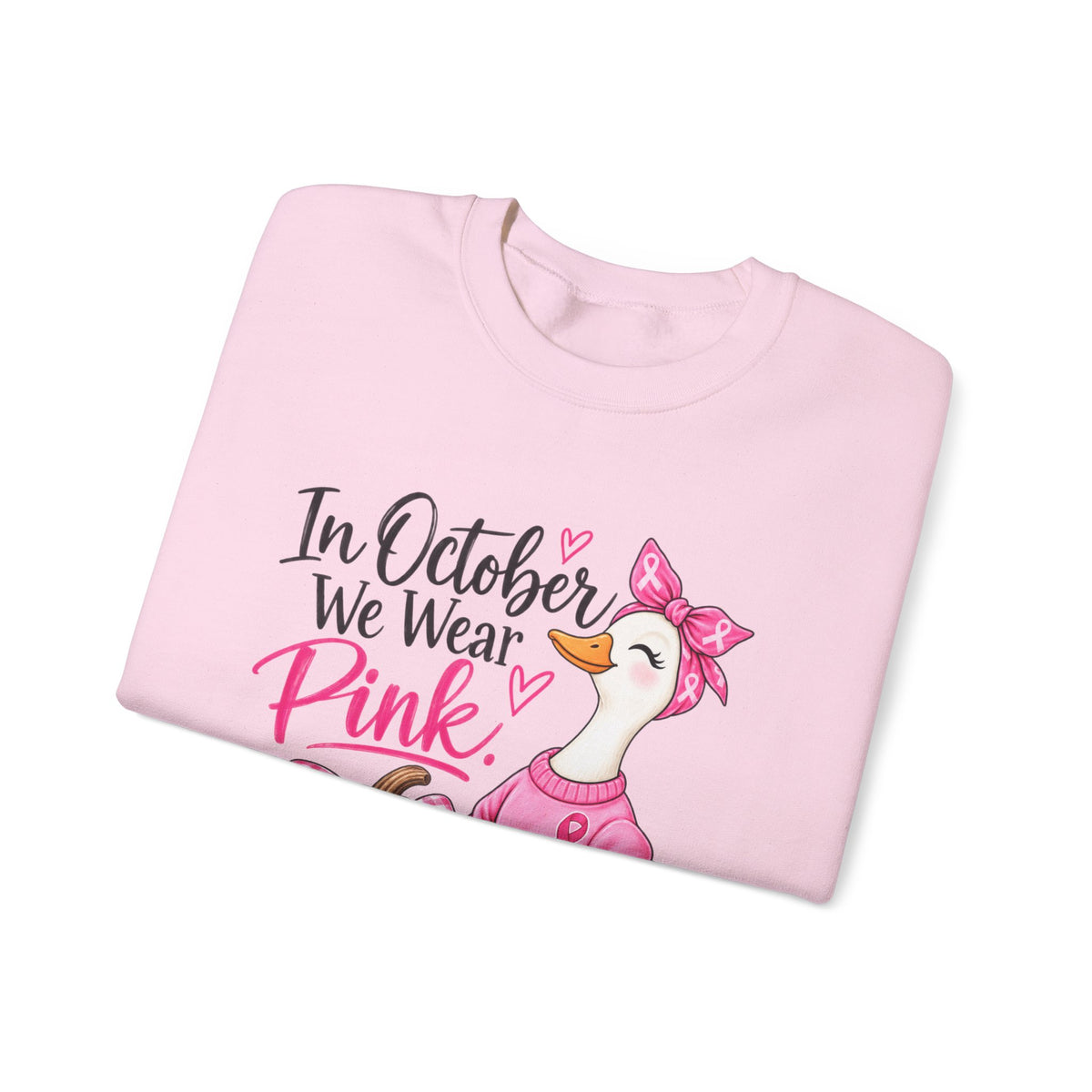 In October We Wear Pink Sweatshirt — Breast Cancer Awareness Pink Duck & Pumpkin Crewneck
