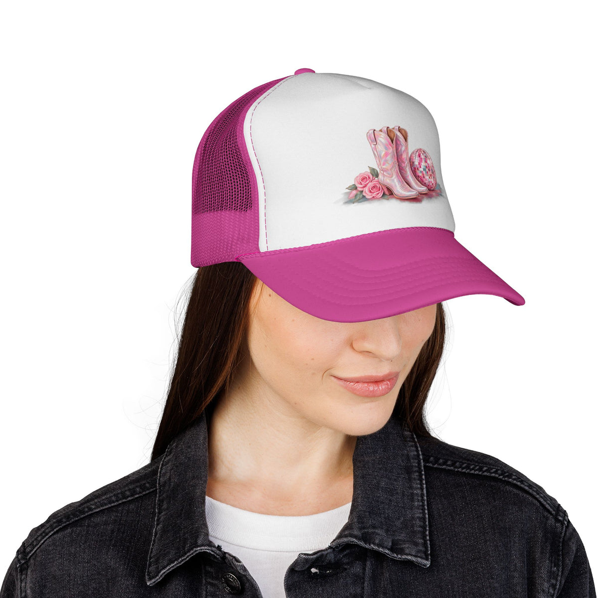 Cowgirl Pink Boots Trucker Cap — Western Rodeo Hat with Floral & Disco Ball Design
