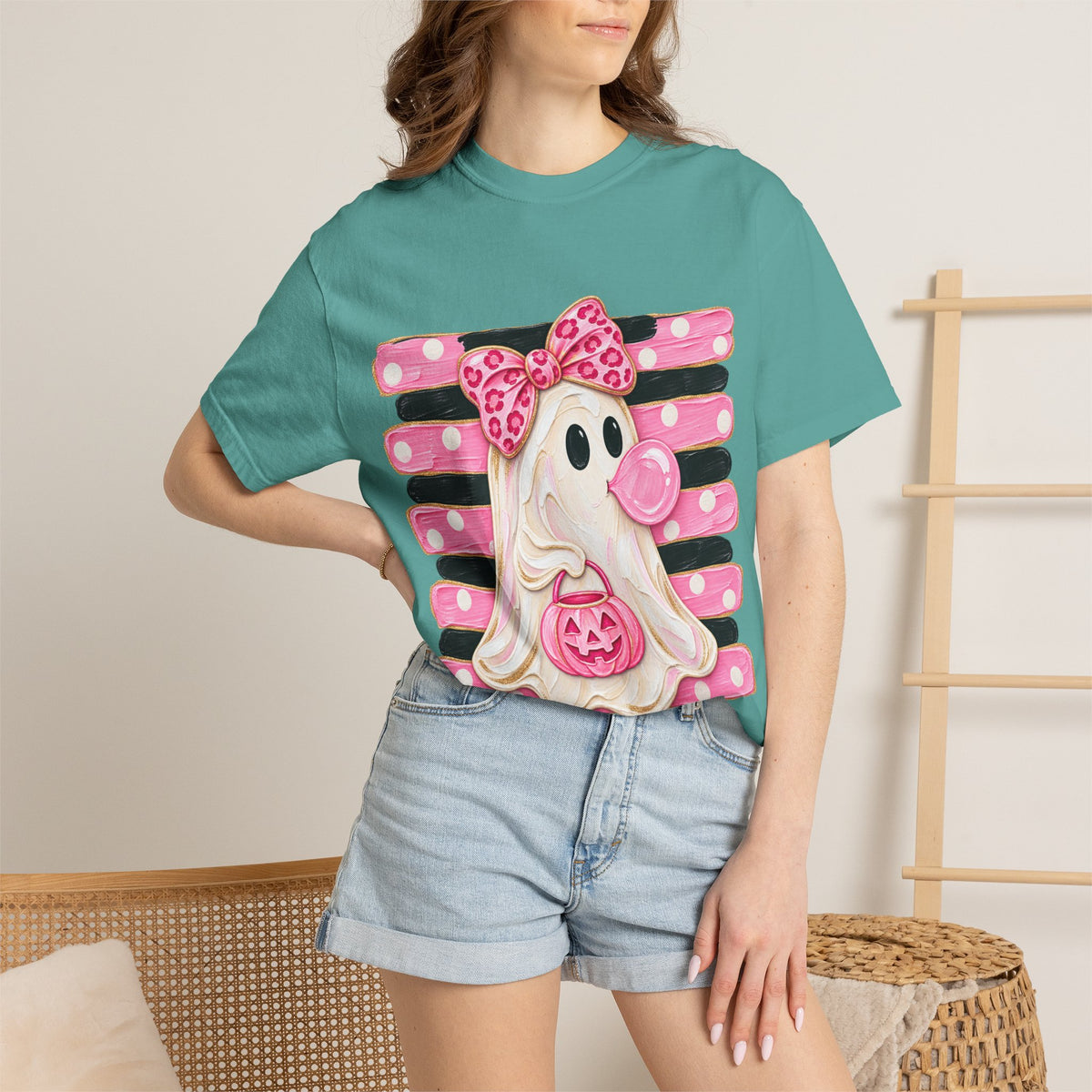 Halloween Pink Ghost T-Shirt — Cute Bubblegum Ghost with Bow & Jack-o'-Lantern