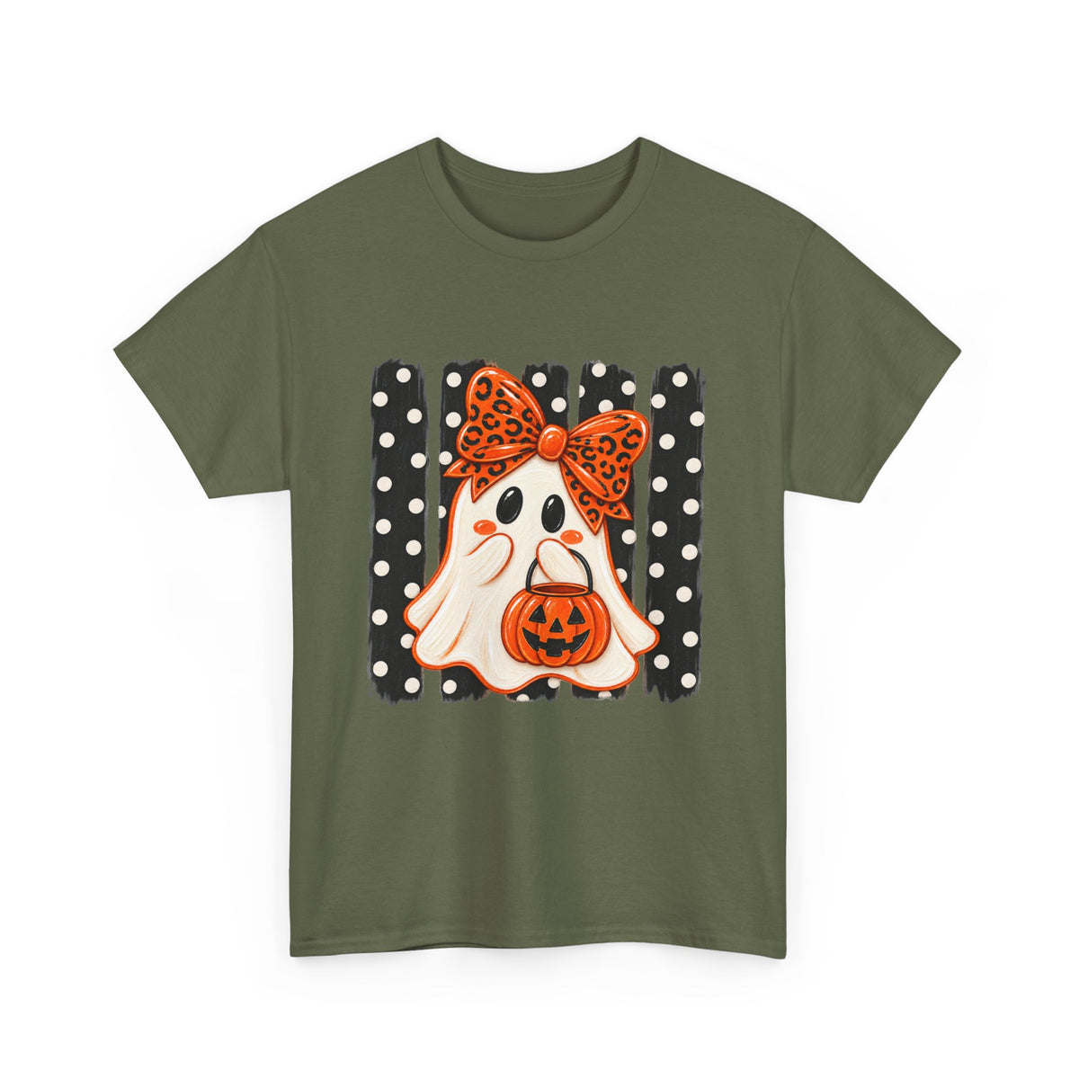 Halloween Ghost Tee — Cute Ghost with Pumpkin & Polka Dot Bow