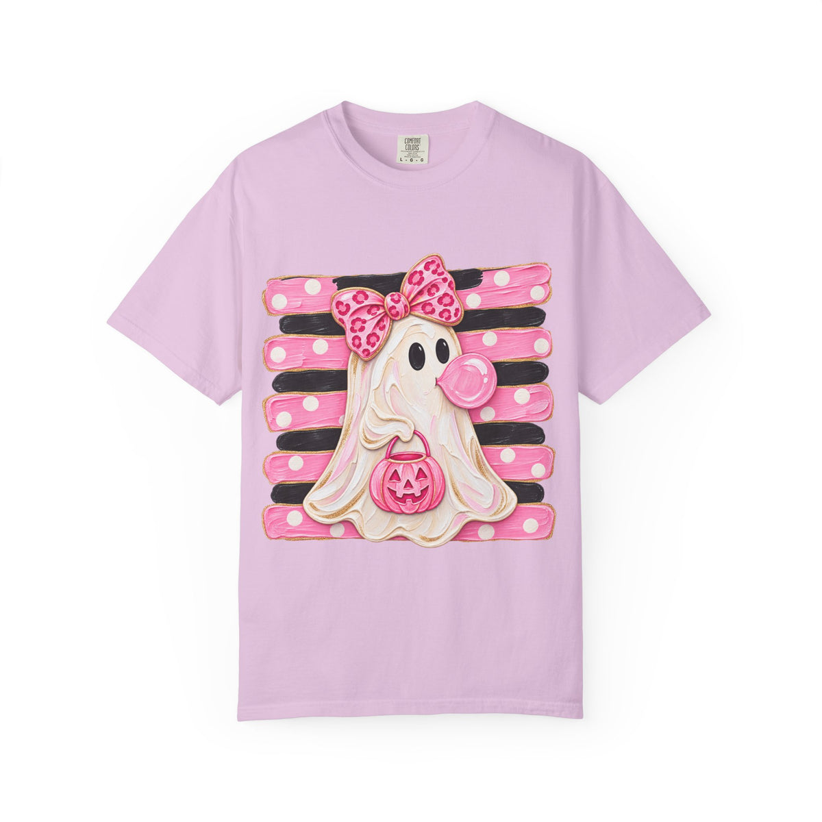 Halloween Pink Ghost T-Shirt — Cute Bubblegum Ghost with Bow & Jack-o'-Lantern