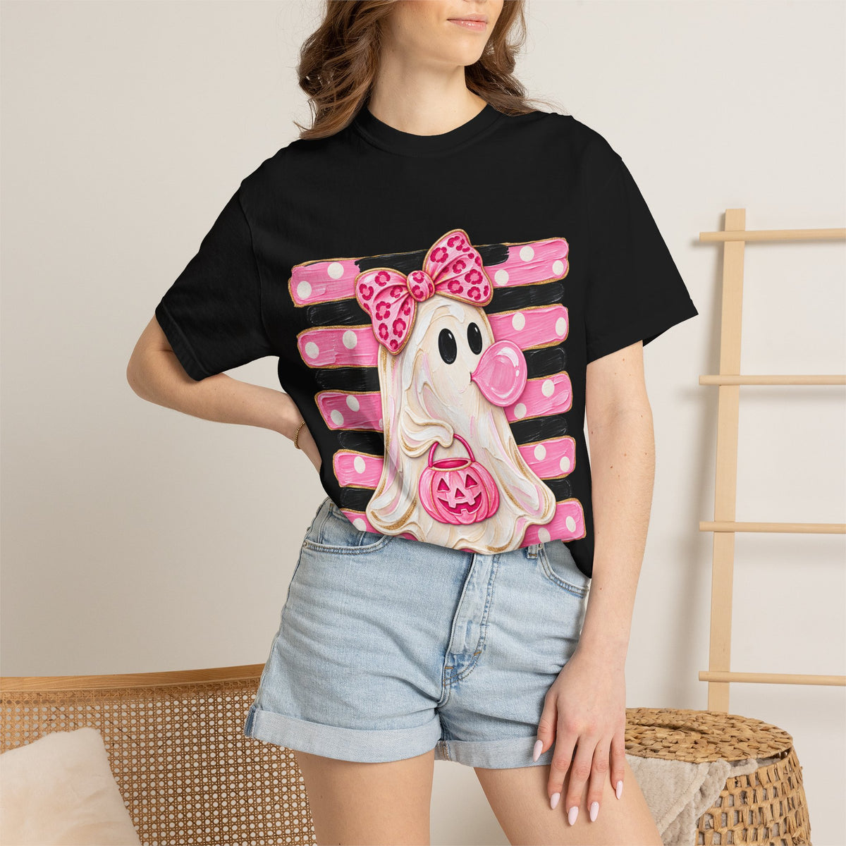 Halloween Pink Ghost T-Shirt — Cute Bubblegum Ghost with Bow & Jack-o'-Lantern