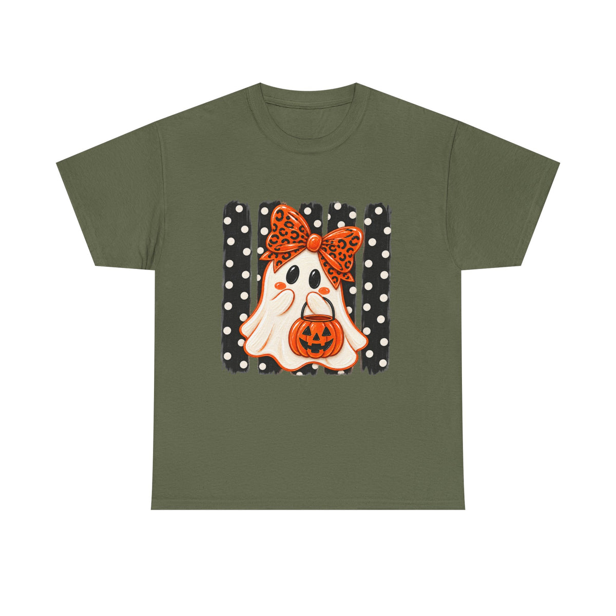 Halloween Ghost Tee — Cute Ghost with Pumpkin & Polka Dot Bow