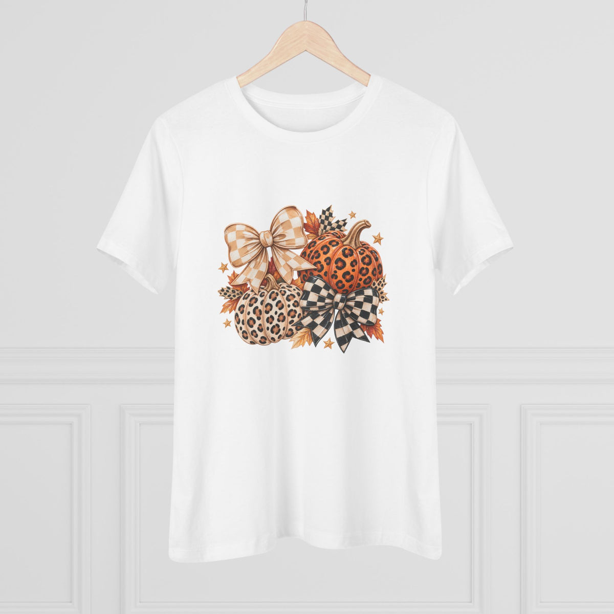Leopard Pumpkin Trio Women's Tee — Fall Floral Bow Autumn Graphic Shirt