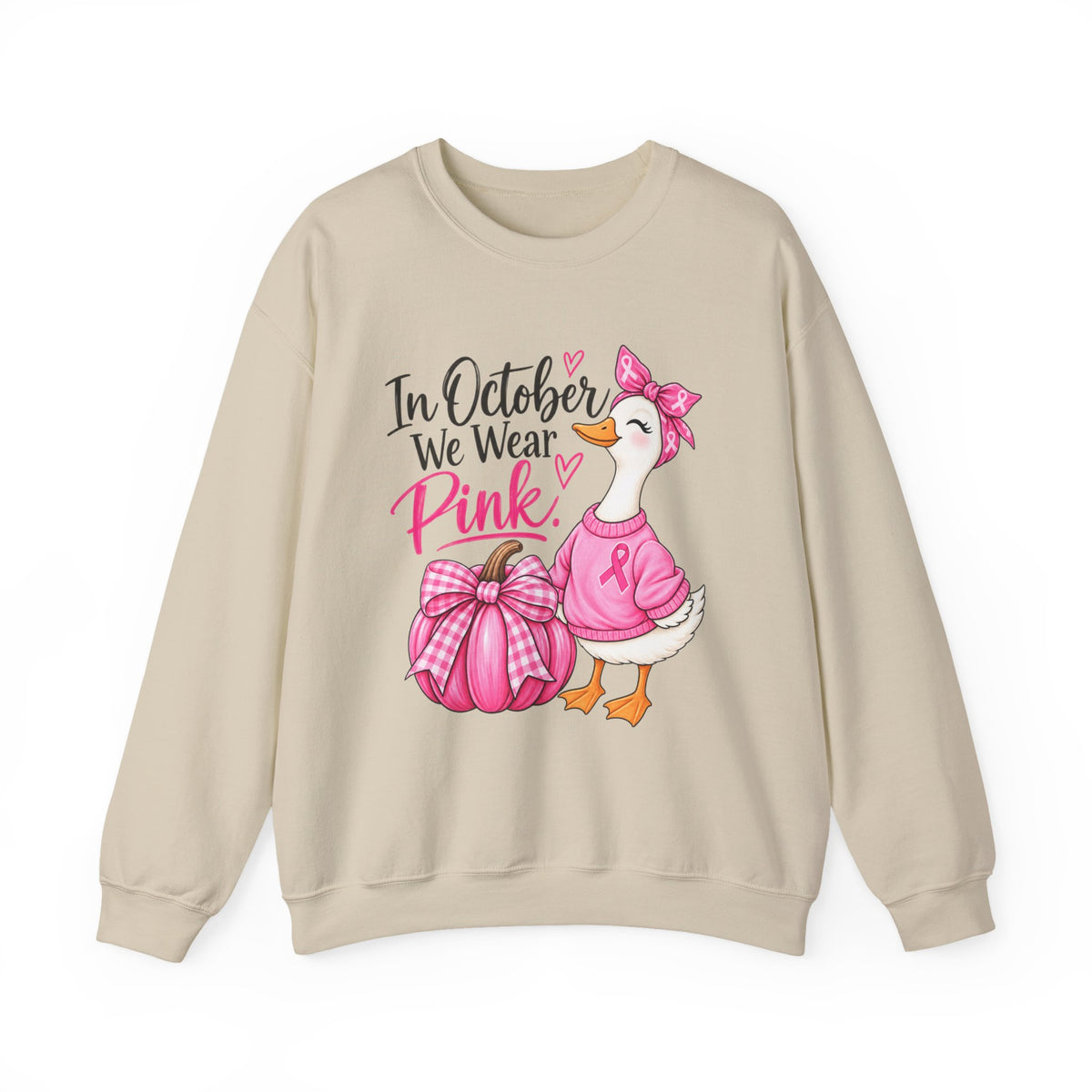 In October We Wear Pink Sweatshirt — Breast Cancer Awareness Pink Duck & Pumpkin Crewneck