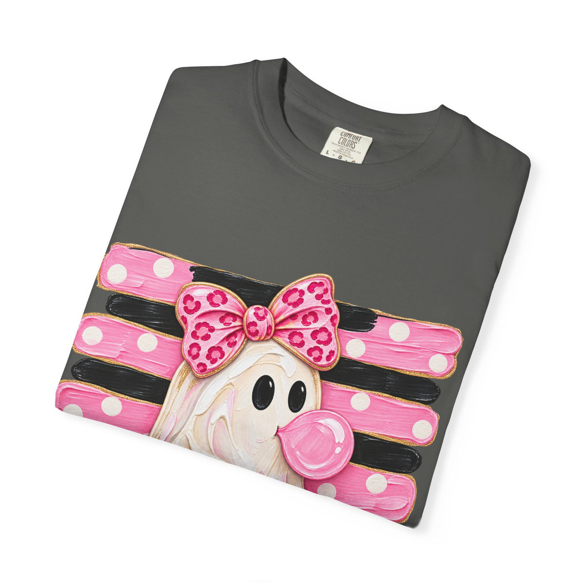 Halloween Pink Ghost T-Shirt — Cute Bubblegum Ghost with Bow & Jack-o'-Lantern