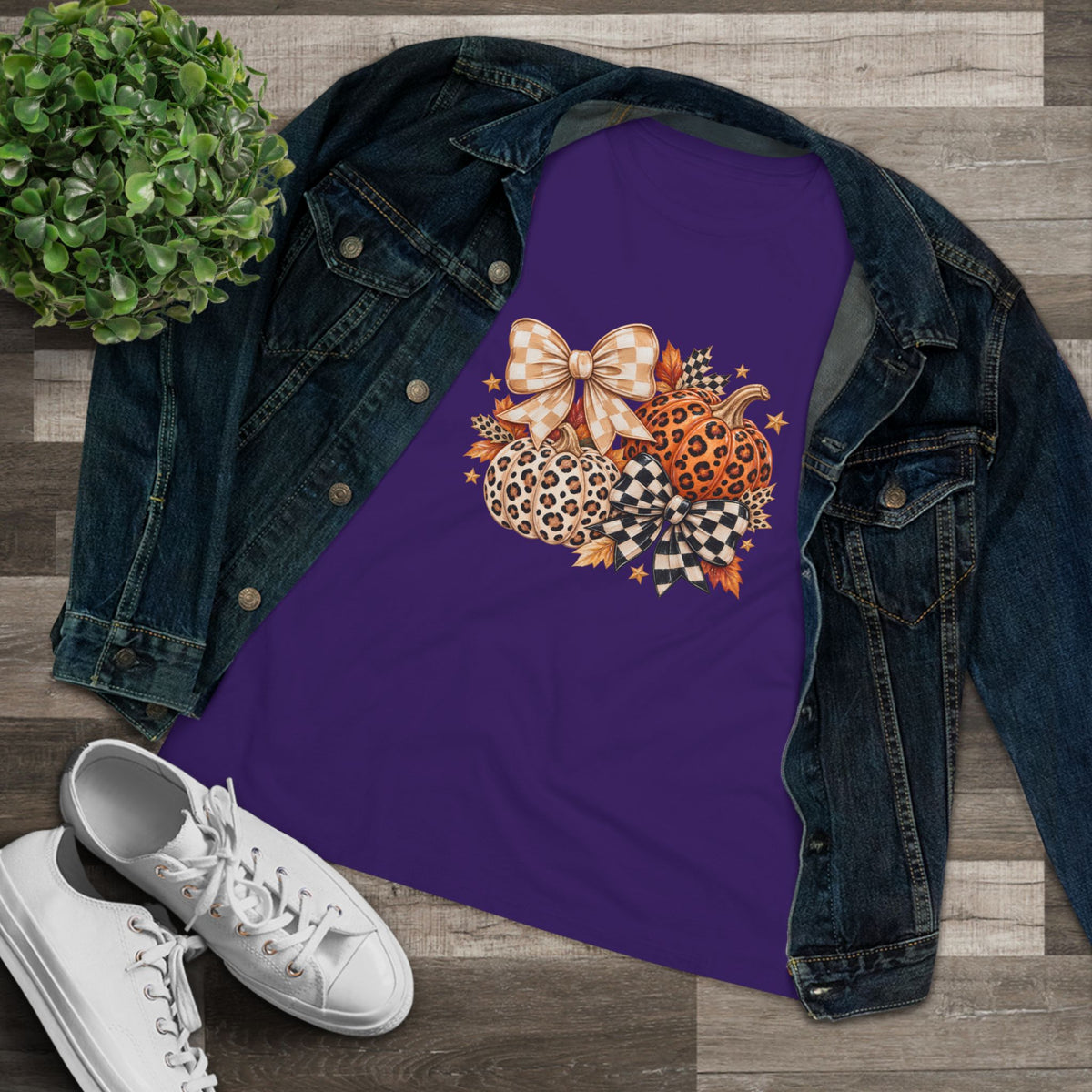 Leopard Pumpkin Trio Women's Tee — Fall Floral Bow Autumn Graphic Shirt