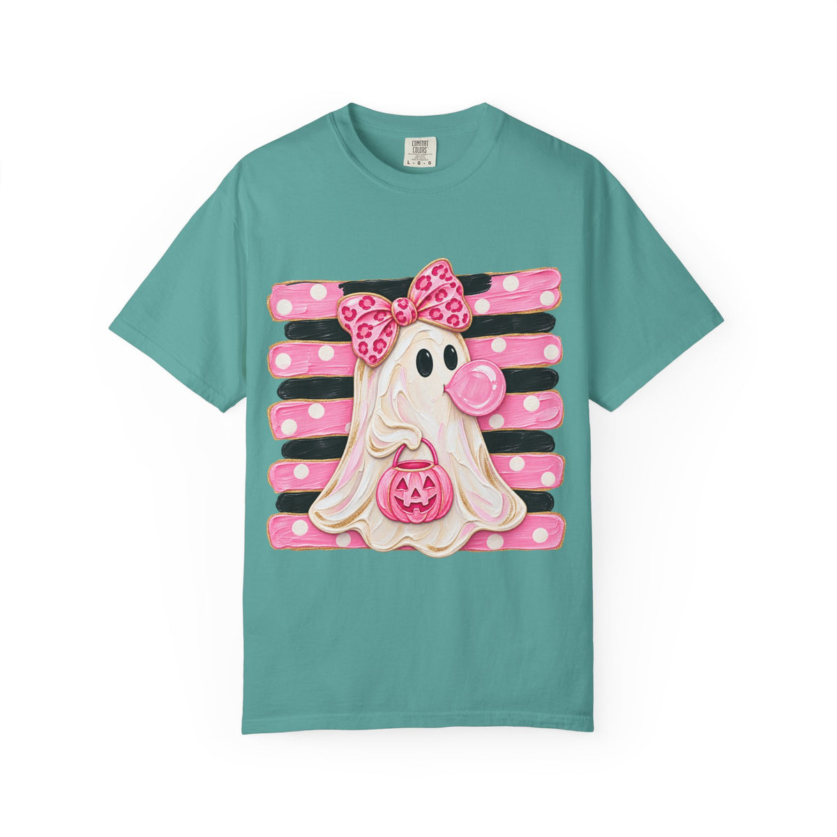 Halloween Pink Ghost T-Shirt — Cute Bubblegum Ghost with Bow & Jack-o'-Lantern