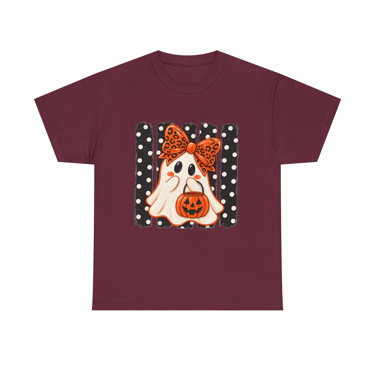 Halloween Ghost Tee — Cute Ghost with Pumpkin & Polka Dot Bow