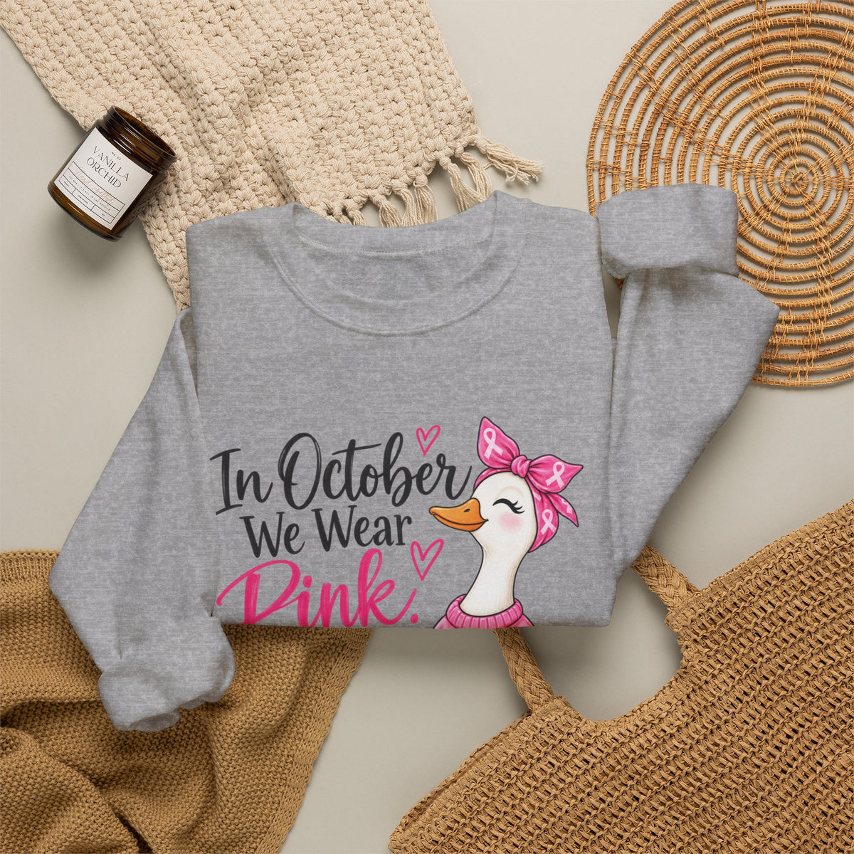 In October We Wear Pink Sweatshirt — Breast Cancer Awareness Pink Duck & Pumpkin Crewneck