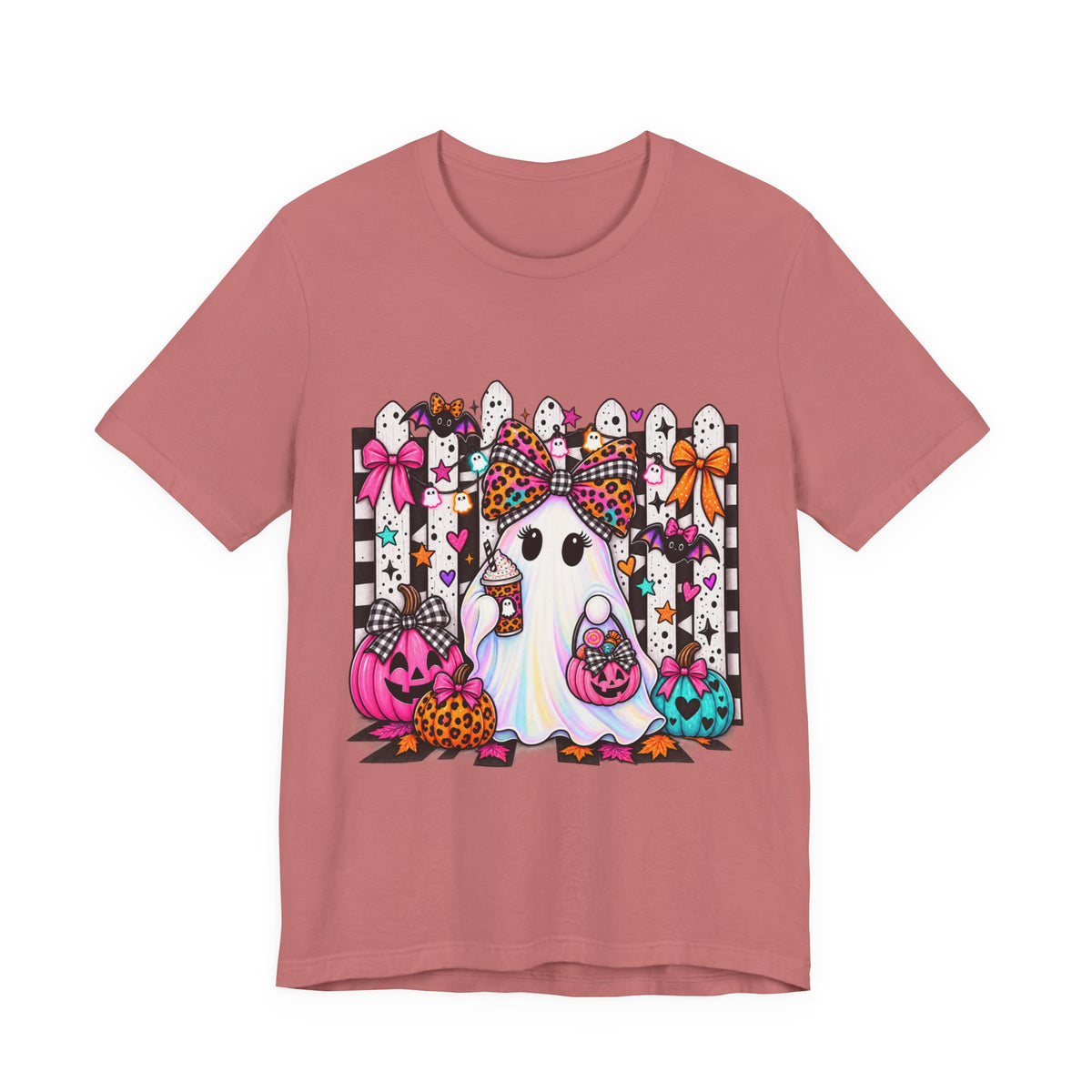 Cute Halloween Ghost Tee — Pink & Leopard Pumpkin Ghosts Graphic T-Shirt