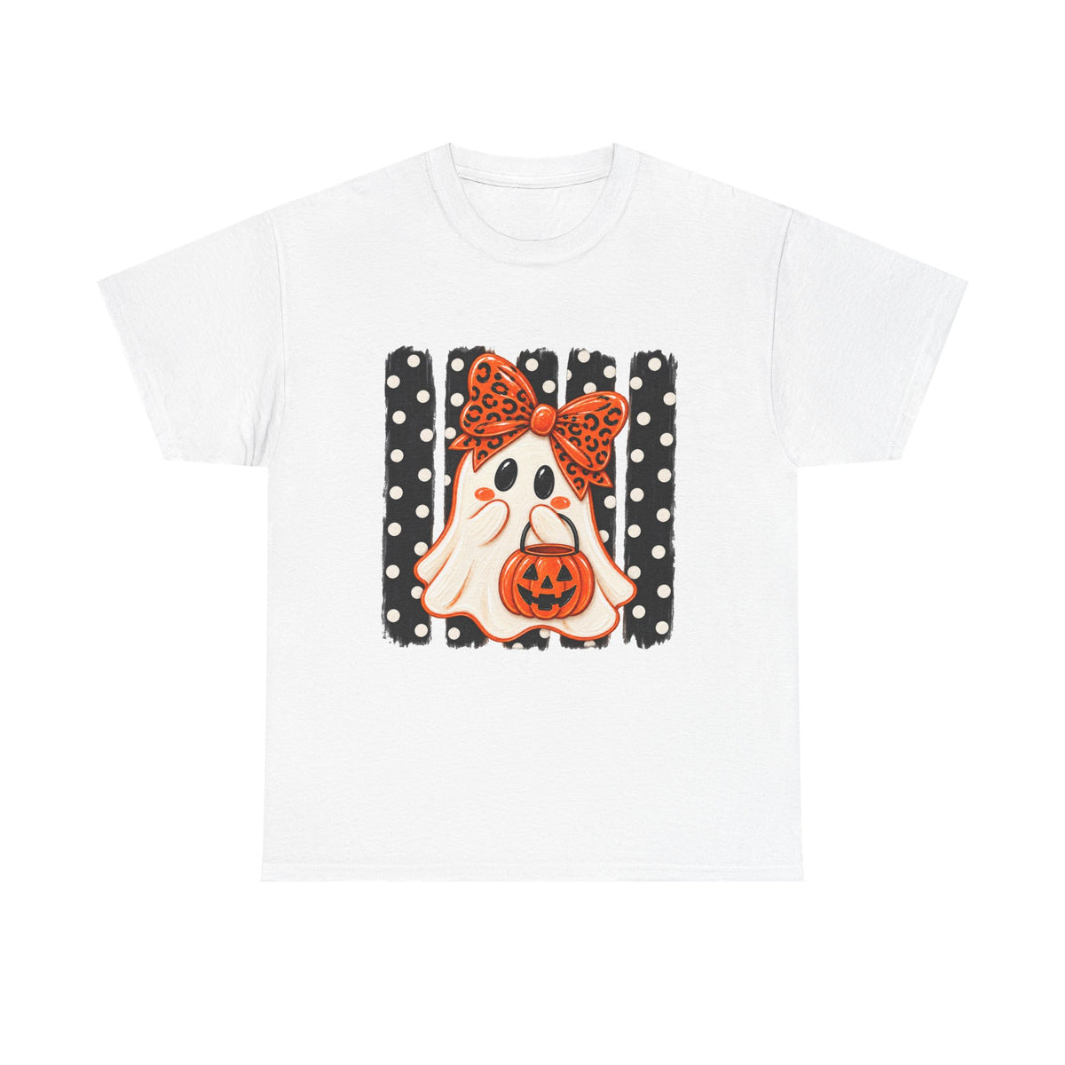 Halloween Ghost Tee — Cute Ghost with Pumpkin & Polka Dot Bow
