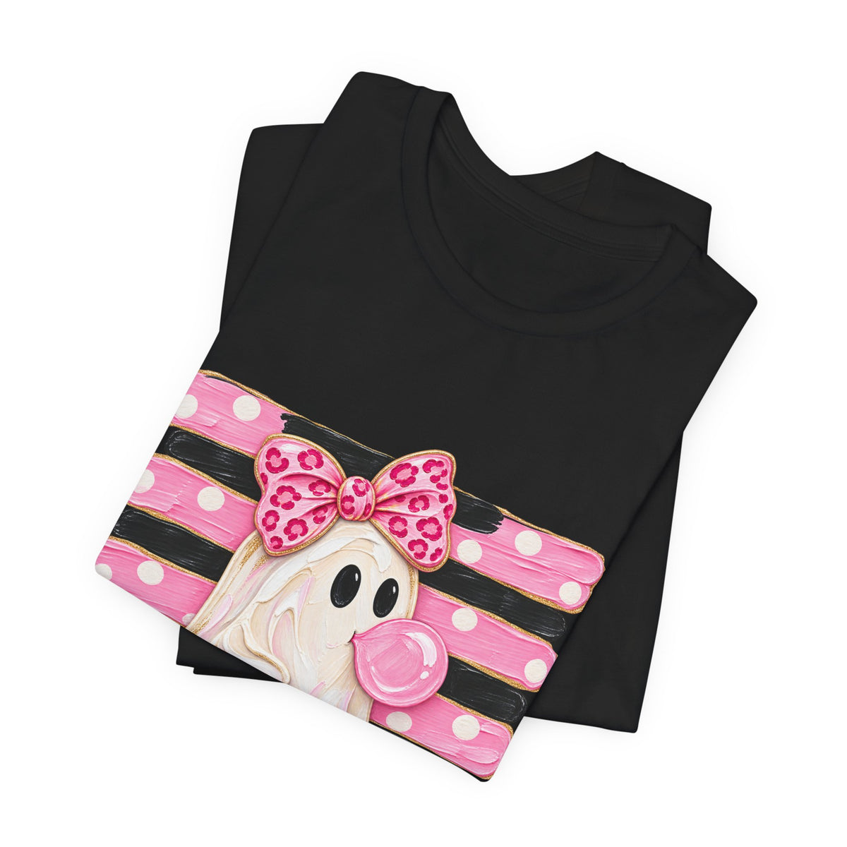 Pink Polka Dot Ghost T‑Shirt — Cute Halloween Ghost with Bow & Jack‑O‑Lantern