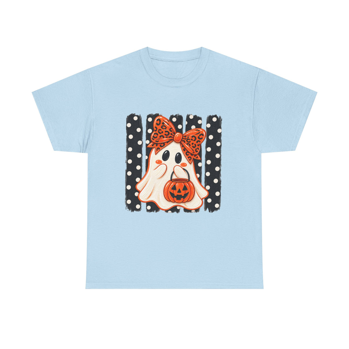 Halloween Ghost Tee — Cute Ghost with Pumpkin & Polka Dot Bow