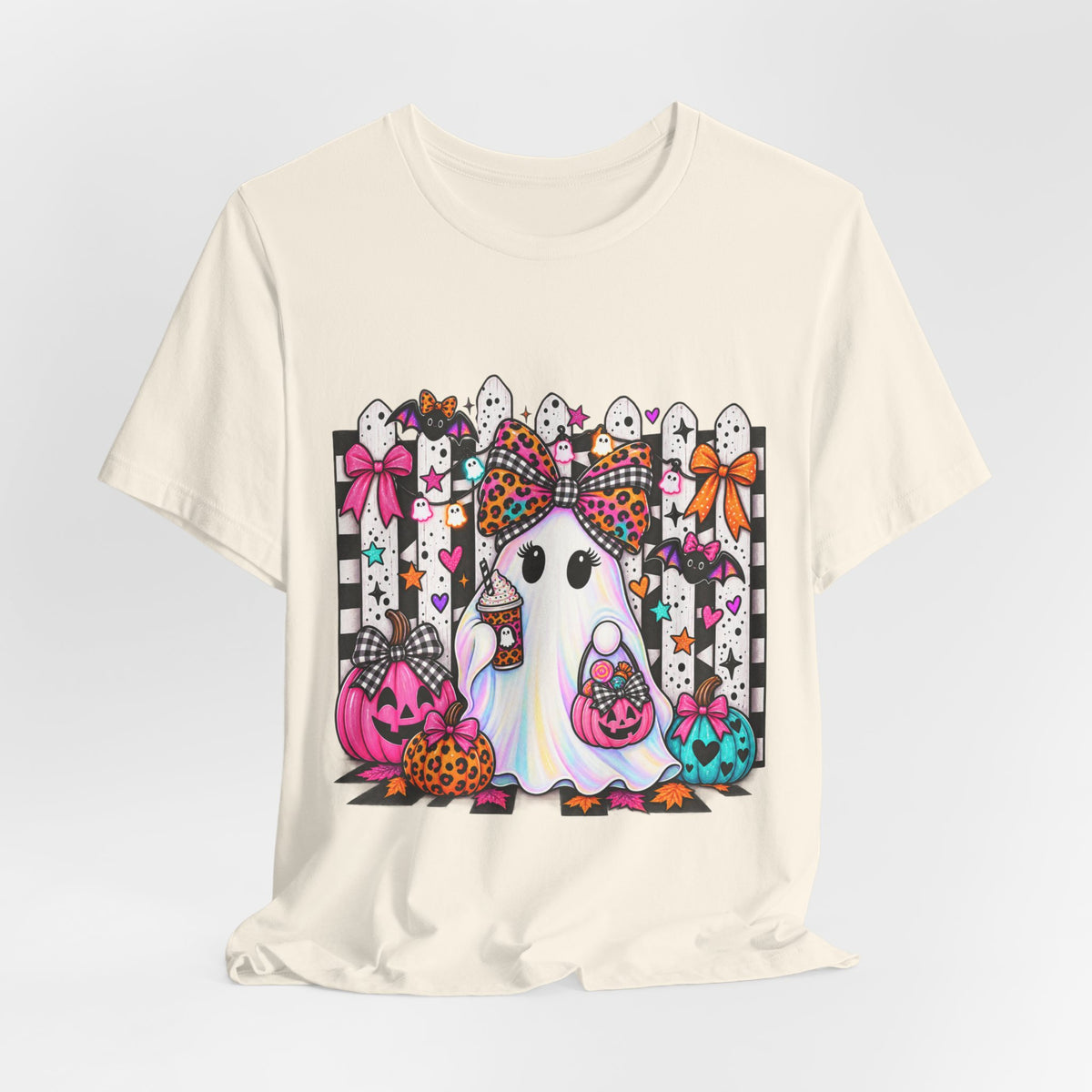 Cute Halloween Ghost Tee — Pink & Leopard Pumpkin Ghosts Graphic T-Shirt
