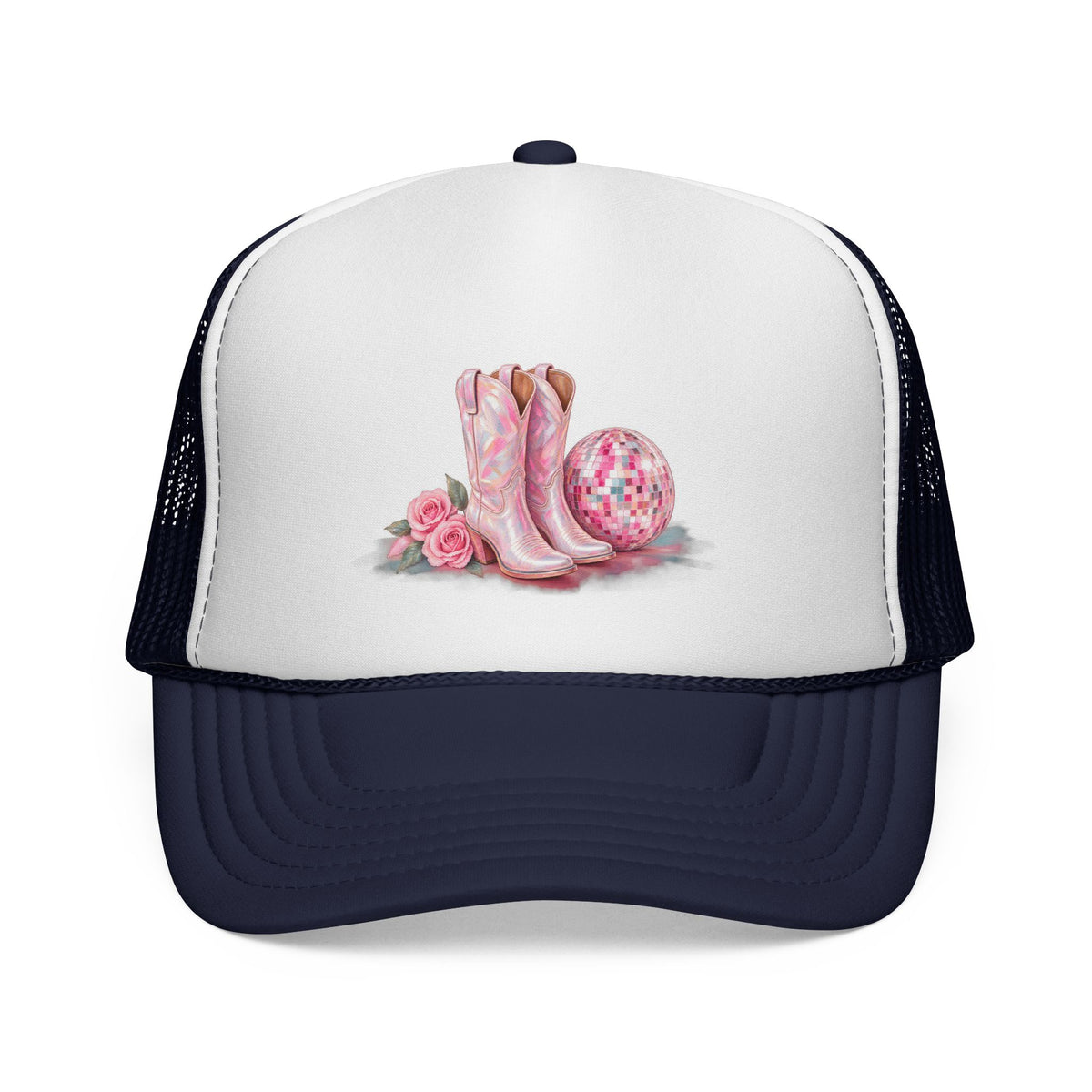 Cowgirl Pink Boots Trucker Cap — Western Rodeo Hat with Floral & Disco Ball Design
