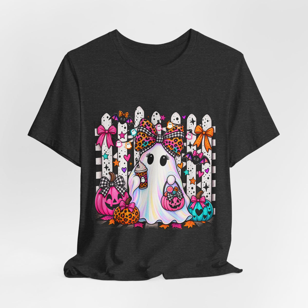 Cute Halloween Ghost Tee — Pink & Leopard Pumpkin Ghosts Graphic T-Shirt