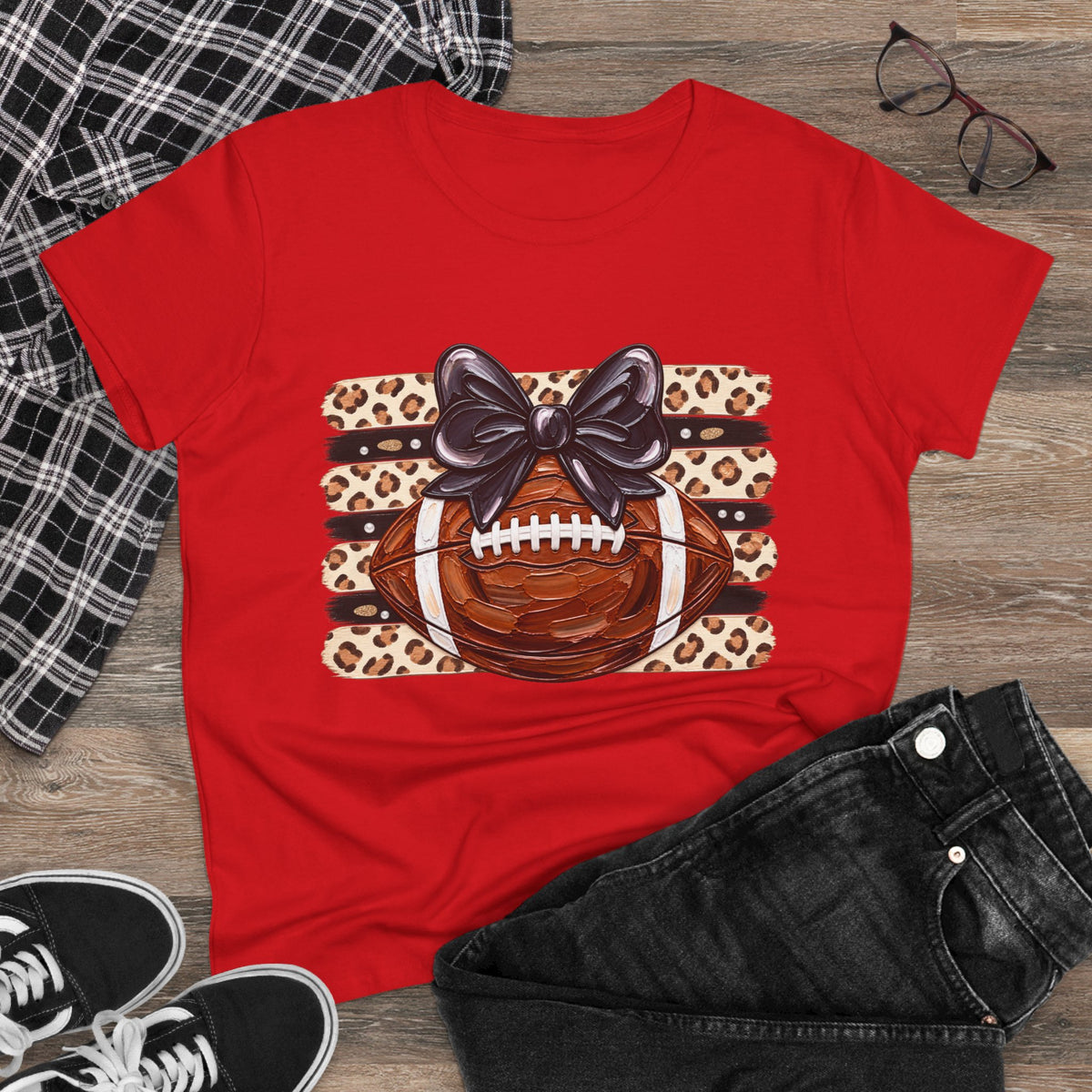 Leopard Football Tee — Cute Bow Game Day Shirt for Women