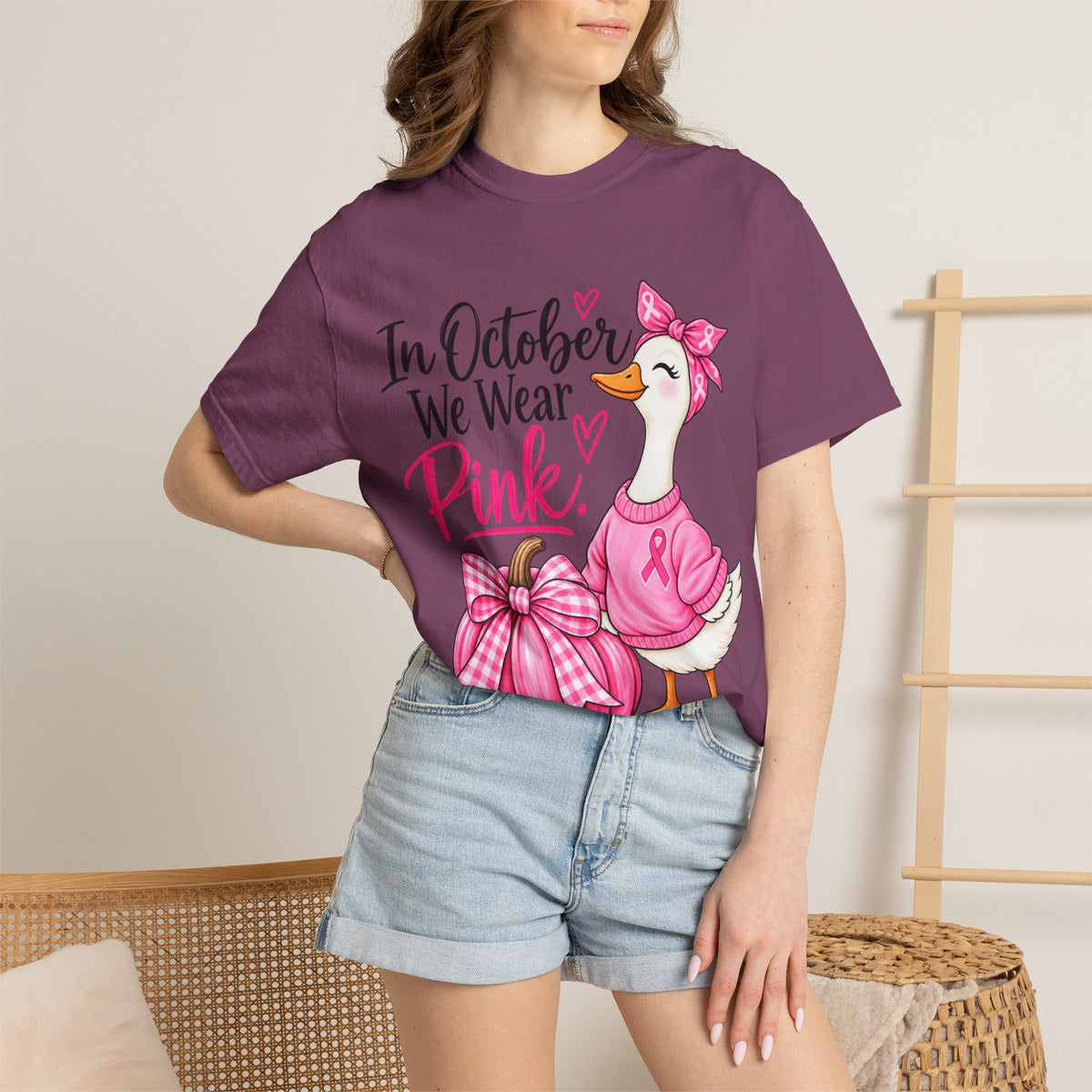 In October We Wear Pink Breast Cancer Awareness T-Shirt — Cute Duck & Pink Pumpkin Tee