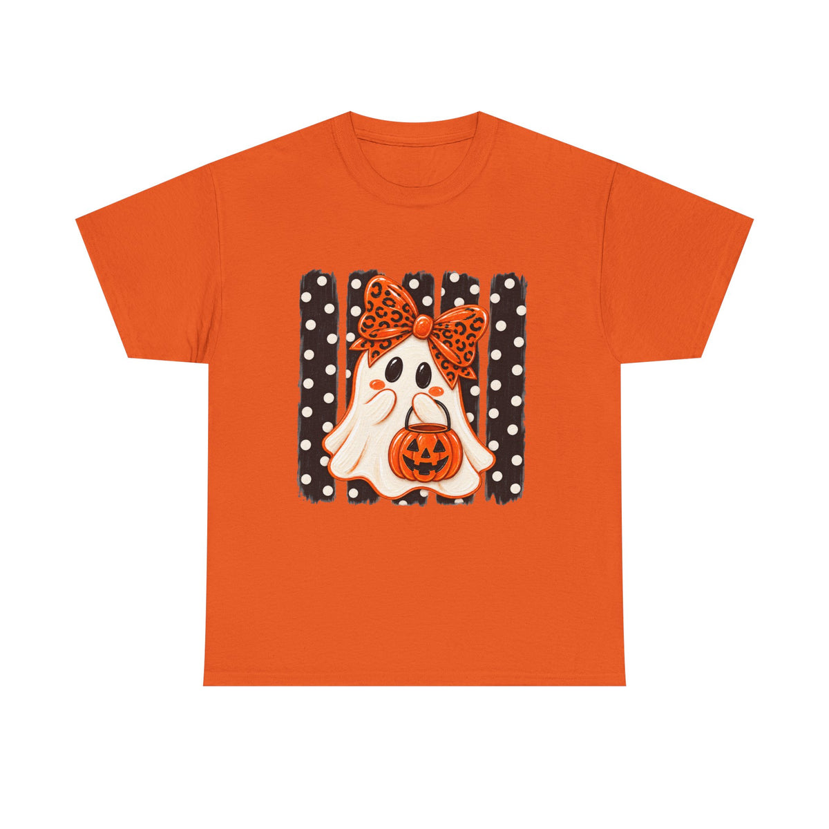 Halloween Ghost Tee — Cute Ghost with Pumpkin & Polka Dot Bow