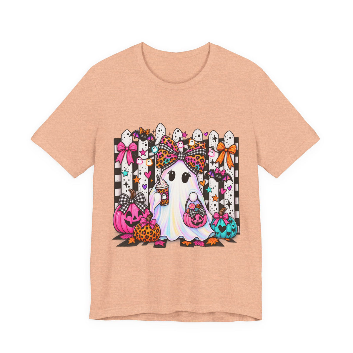 Cute Halloween Ghost Tee — Pink & Leopard Pumpkin Ghosts Graphic T-Shirt