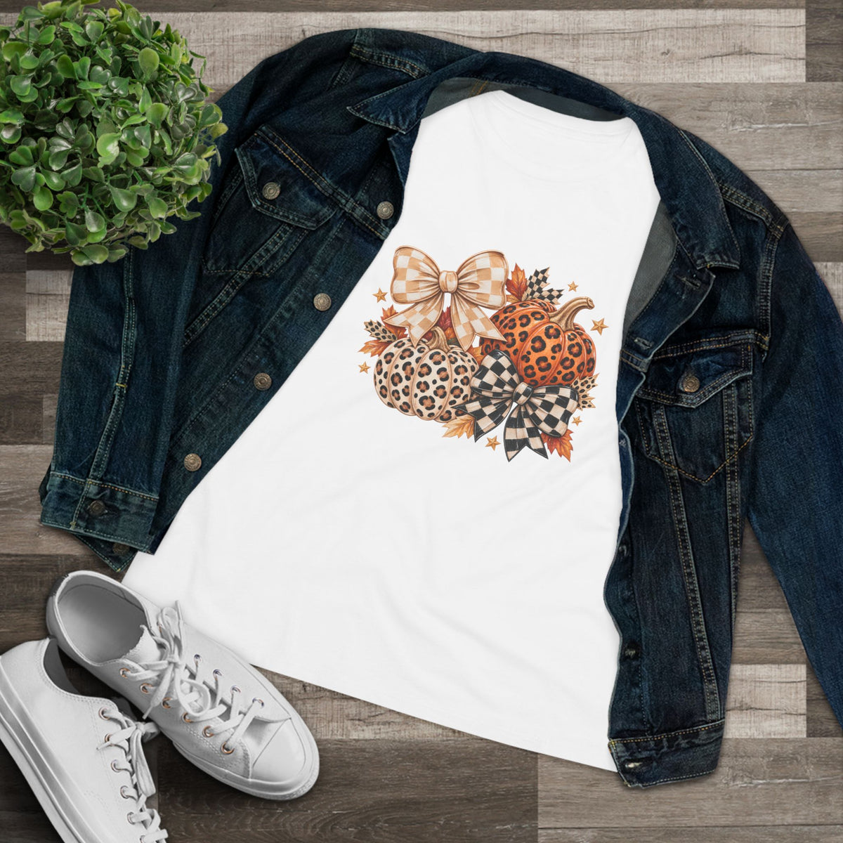 Leopard Pumpkin Trio Women's Tee — Fall Floral Bow Autumn Graphic Shirt