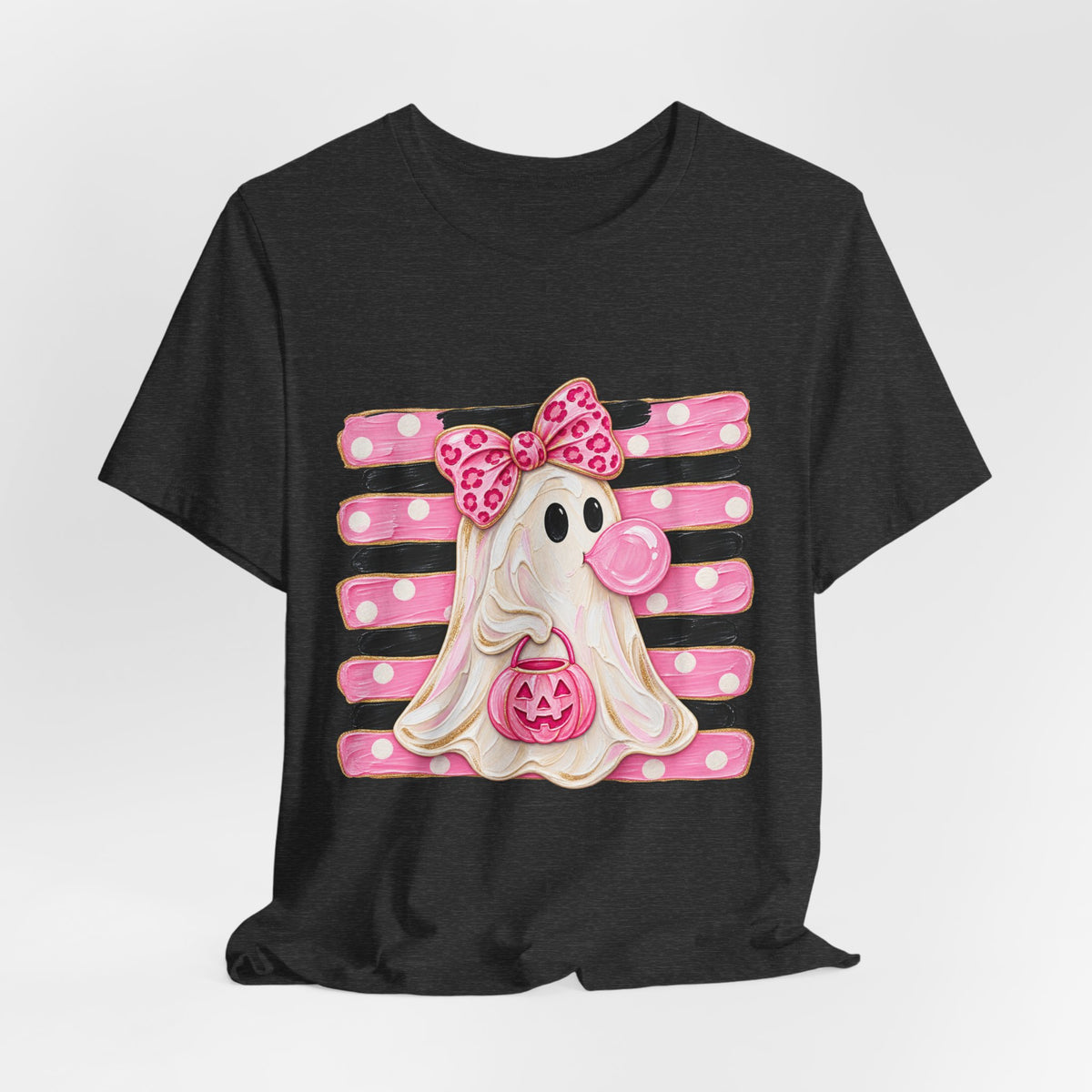 Pink Polka Dot Ghost T‑Shirt — Cute Halloween Ghost with Bow & Jack‑O‑Lantern