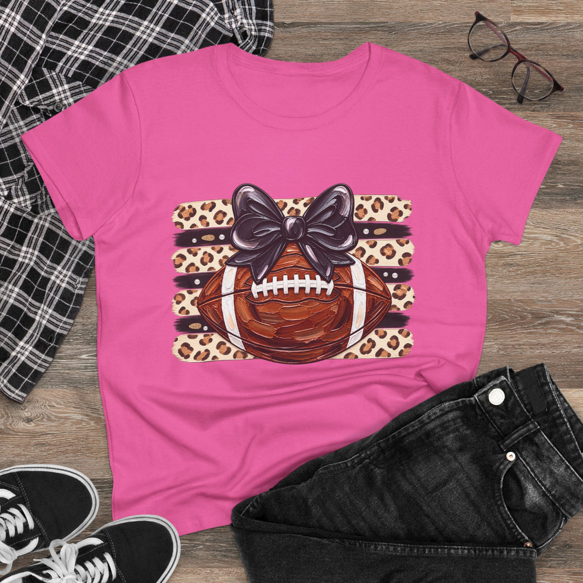 Leopard Football Tee — Cute Bow Game Day Shirt for Women