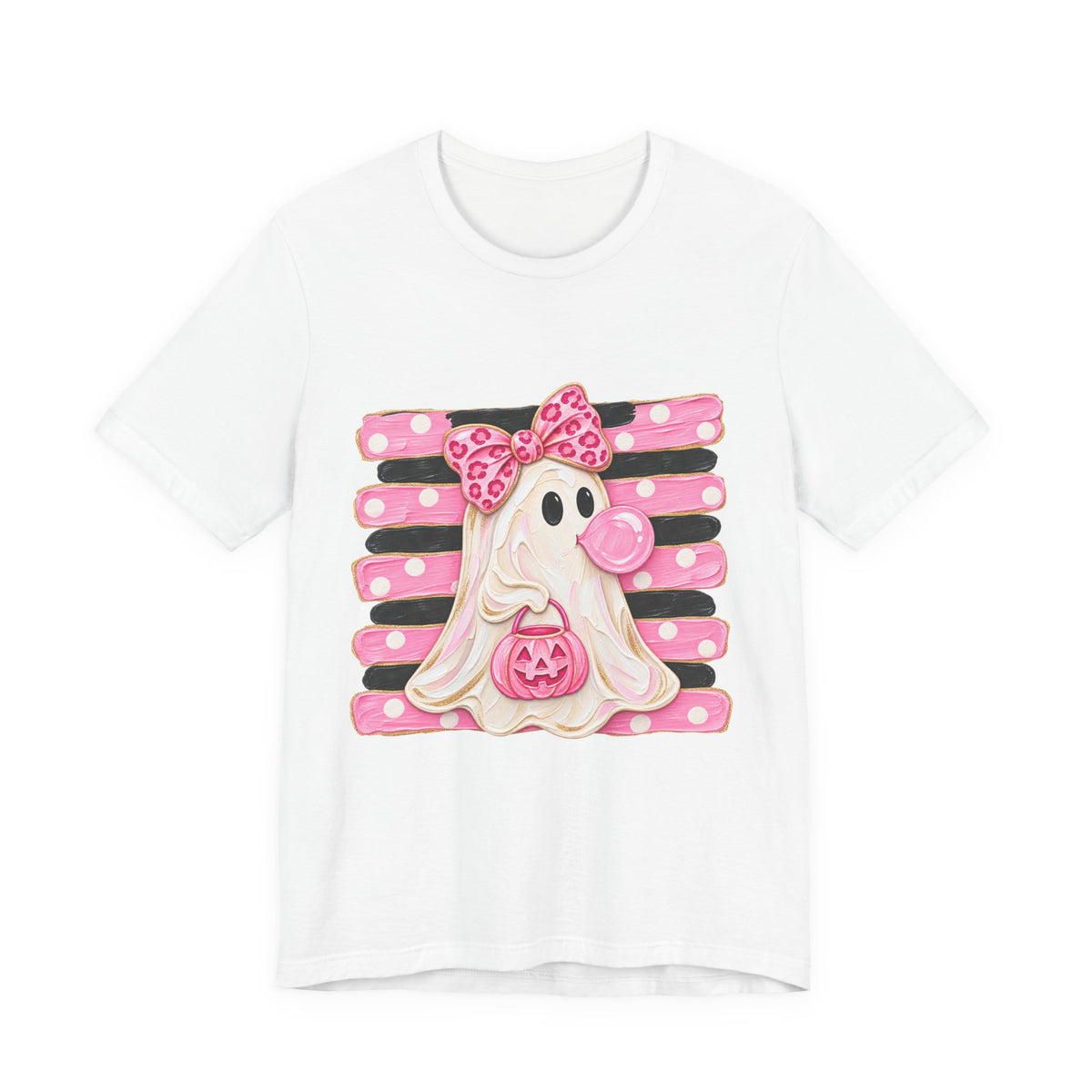 Pink Polka Dot Ghost T‑Shirt — Cute Halloween Ghost with Bow & Jack‑O‑Lantern