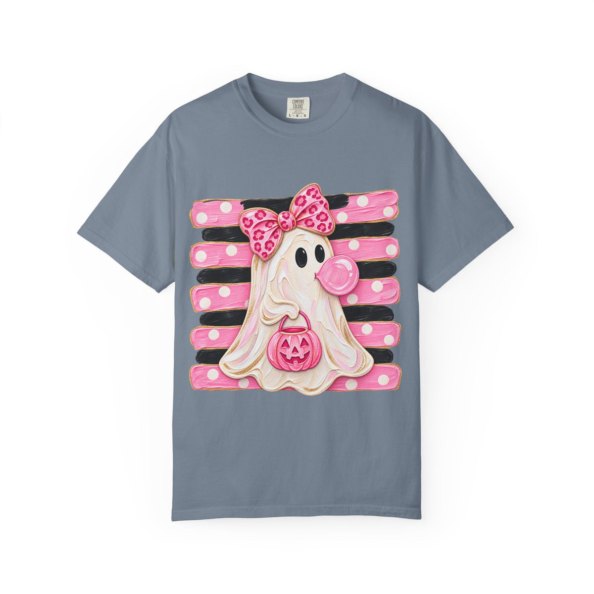 Halloween Pink Ghost T-Shirt — Cute Bubblegum Ghost with Bow & Jack-o'-Lantern
