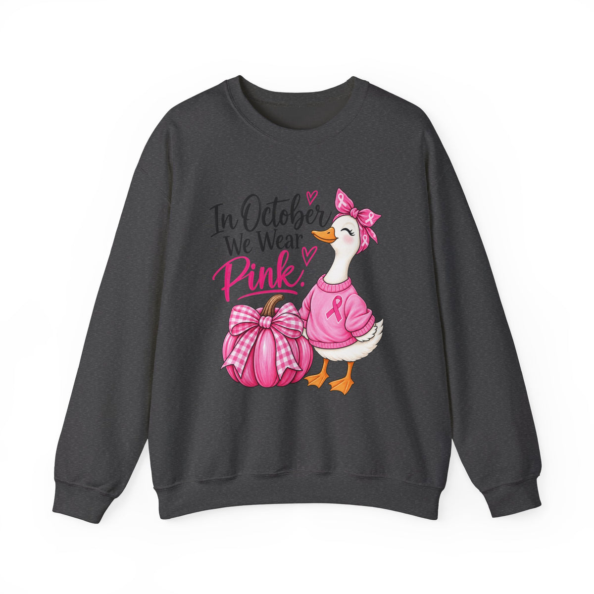 In October We Wear Pink Sweatshirt — Breast Cancer Awareness Pink Duck & Pumpkin Crewneck