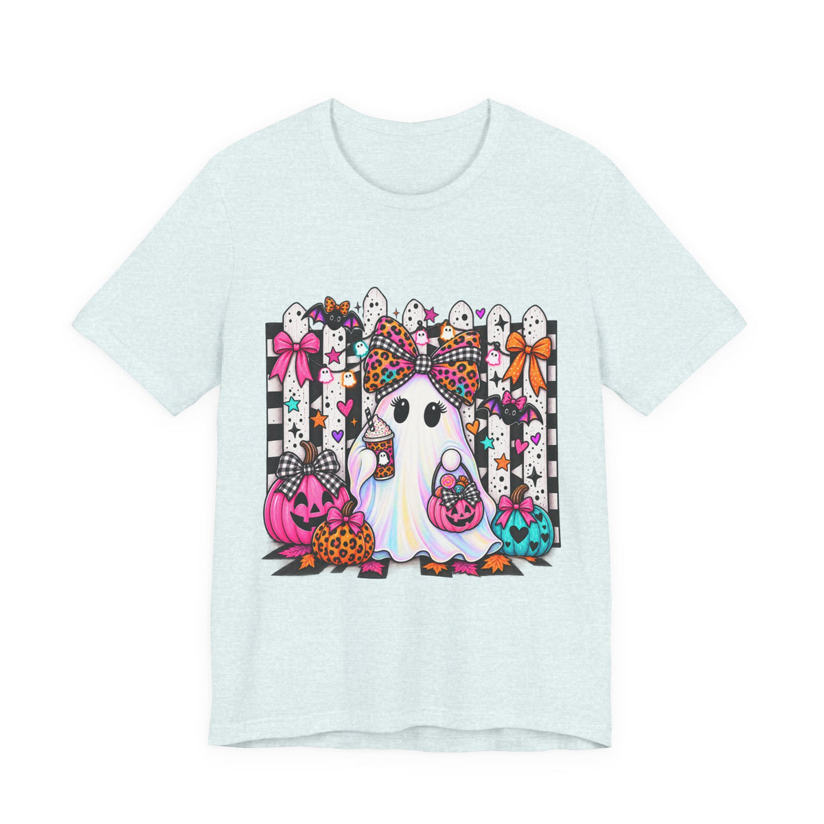 Cute Halloween Ghost Tee — Pink & Leopard Pumpkin Ghosts Graphic T-Shirt
