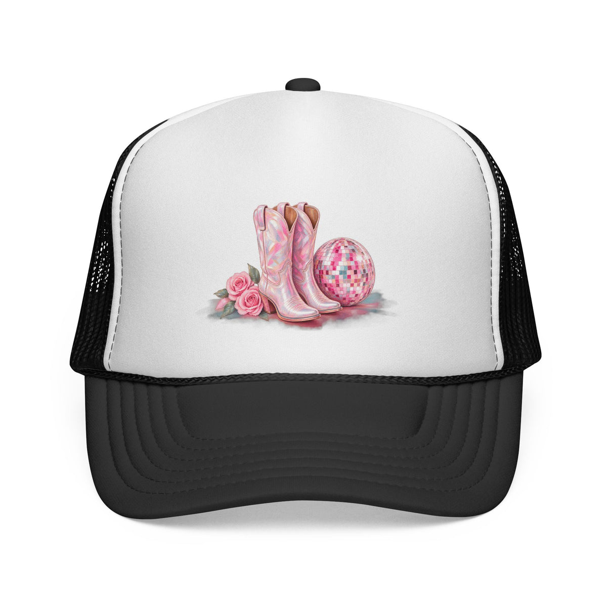 Cowgirl Pink Boots Trucker Cap — Western Rodeo Hat with Floral & Disco Ball Design