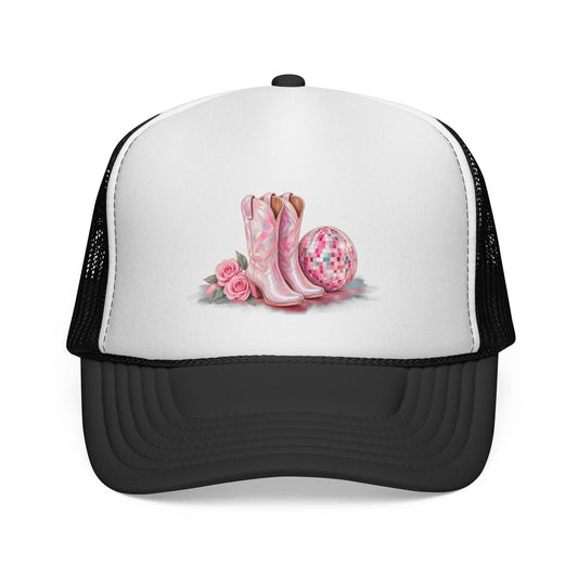 Cowgirl Pink Boots Trucker Cap — Western Rodeo Hat with Floral & Disco Ball Design