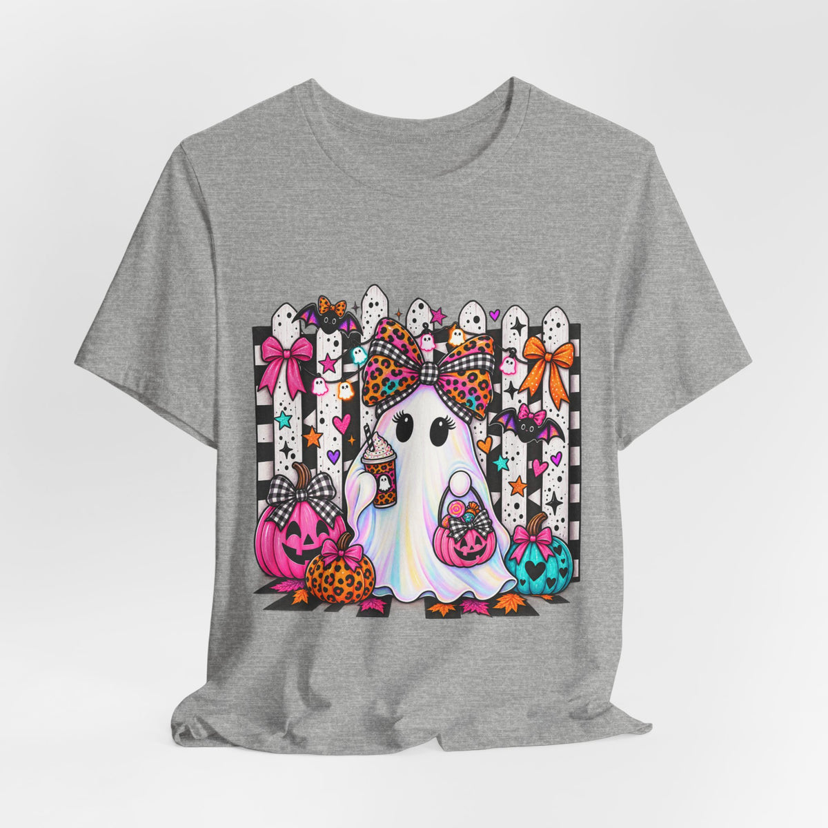 Cute Halloween Ghost Tee — Pink & Leopard Pumpkin Ghosts Graphic T-Shirt