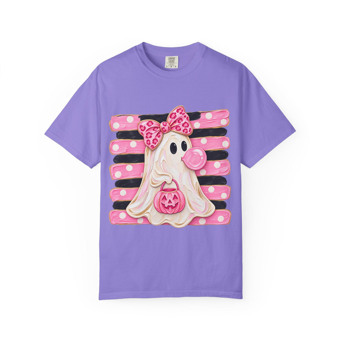 Halloween Pink Ghost T-Shirt — Cute Bubblegum Ghost with Bow & Jack-o'-Lantern
