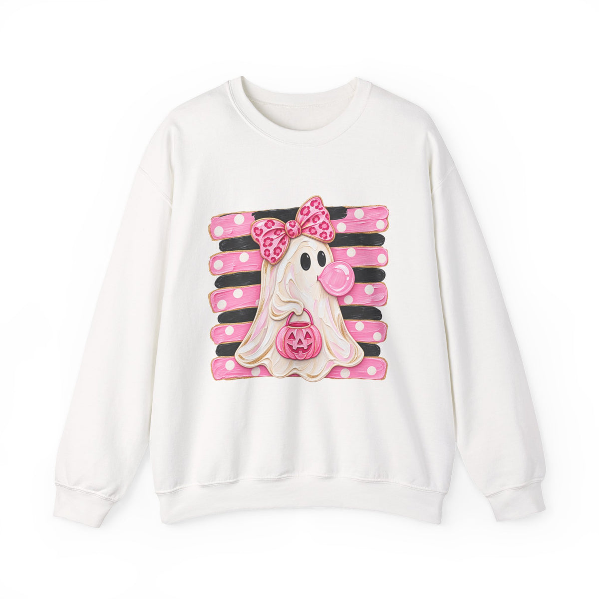 Ghost Costume Sweatshirt — Cute Pink Polka Dot Ghost with Pumpkin Graphic