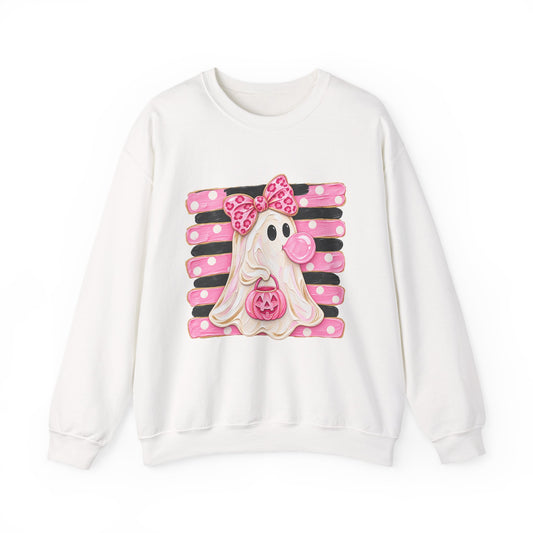 Ghost Costume Sweatshirt — Cute Pink Polka Dot Ghost with Pumpkin Graphic