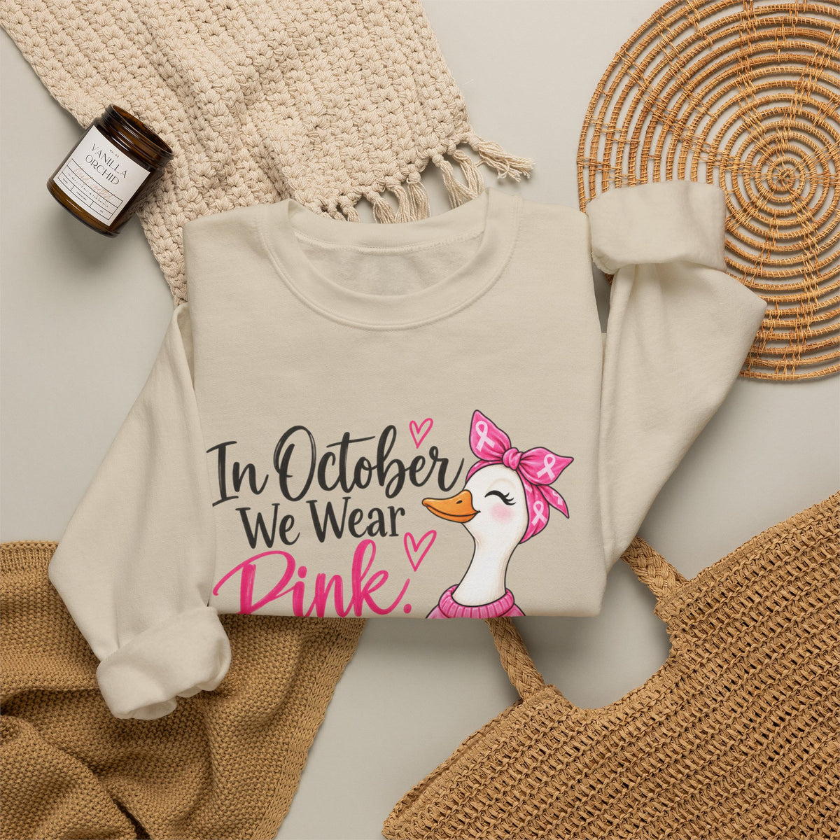 In October We Wear Pink Sweatshirt — Breast Cancer Awareness Pink Duck & Pumpkin Crewneck