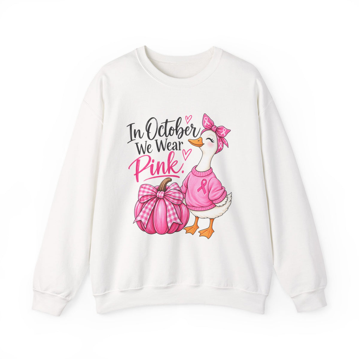 In October We Wear Pink Sweatshirt — Breast Cancer Awareness Pink Duck & Pumpkin Crewneck