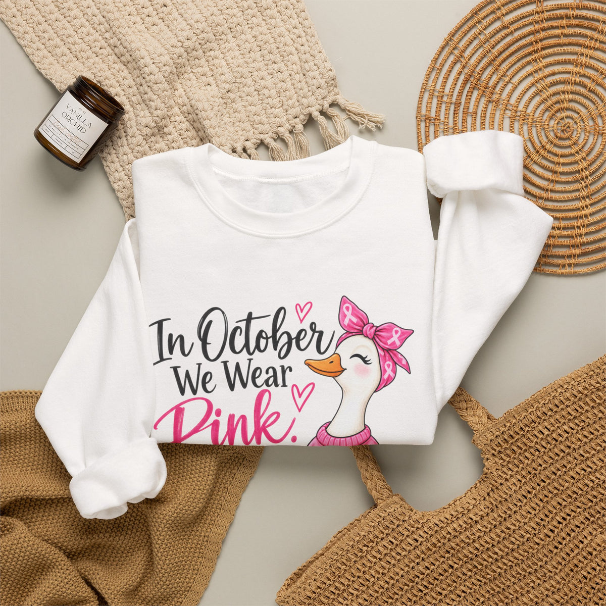 In October We Wear Pink Sweatshirt — Breast Cancer Awareness Pink Duck & Pumpkin Crewneck